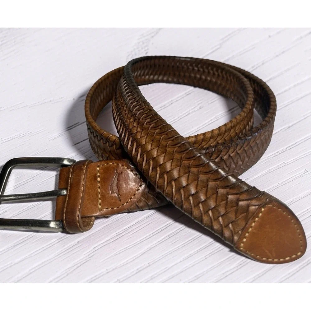 Tommy Bahama Stretch Braided Brown Leather Belt Men's Size 38/40 Lk Nw
